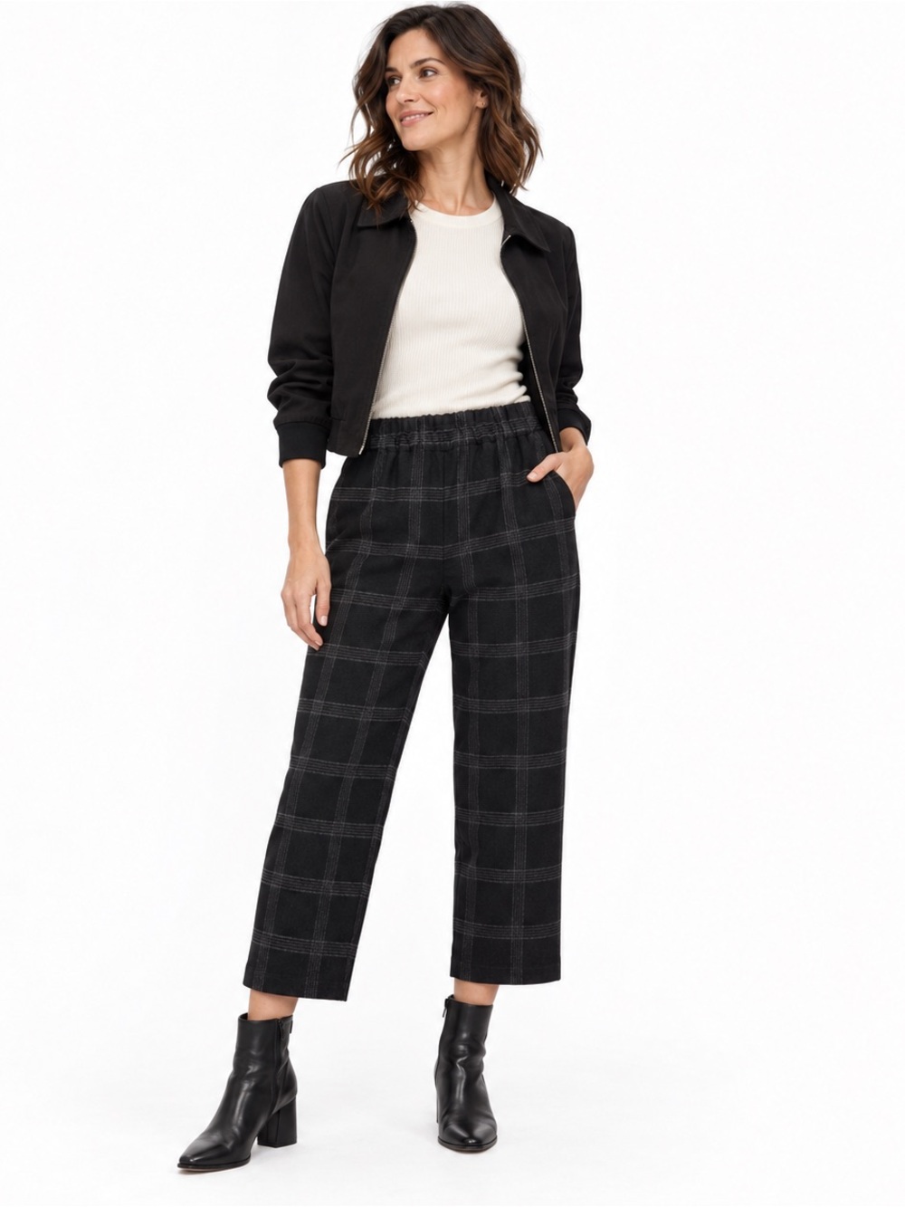 Oak + Fort Trousers Small black Dark Grey Windowpane Plaid Cropped Pull On pants